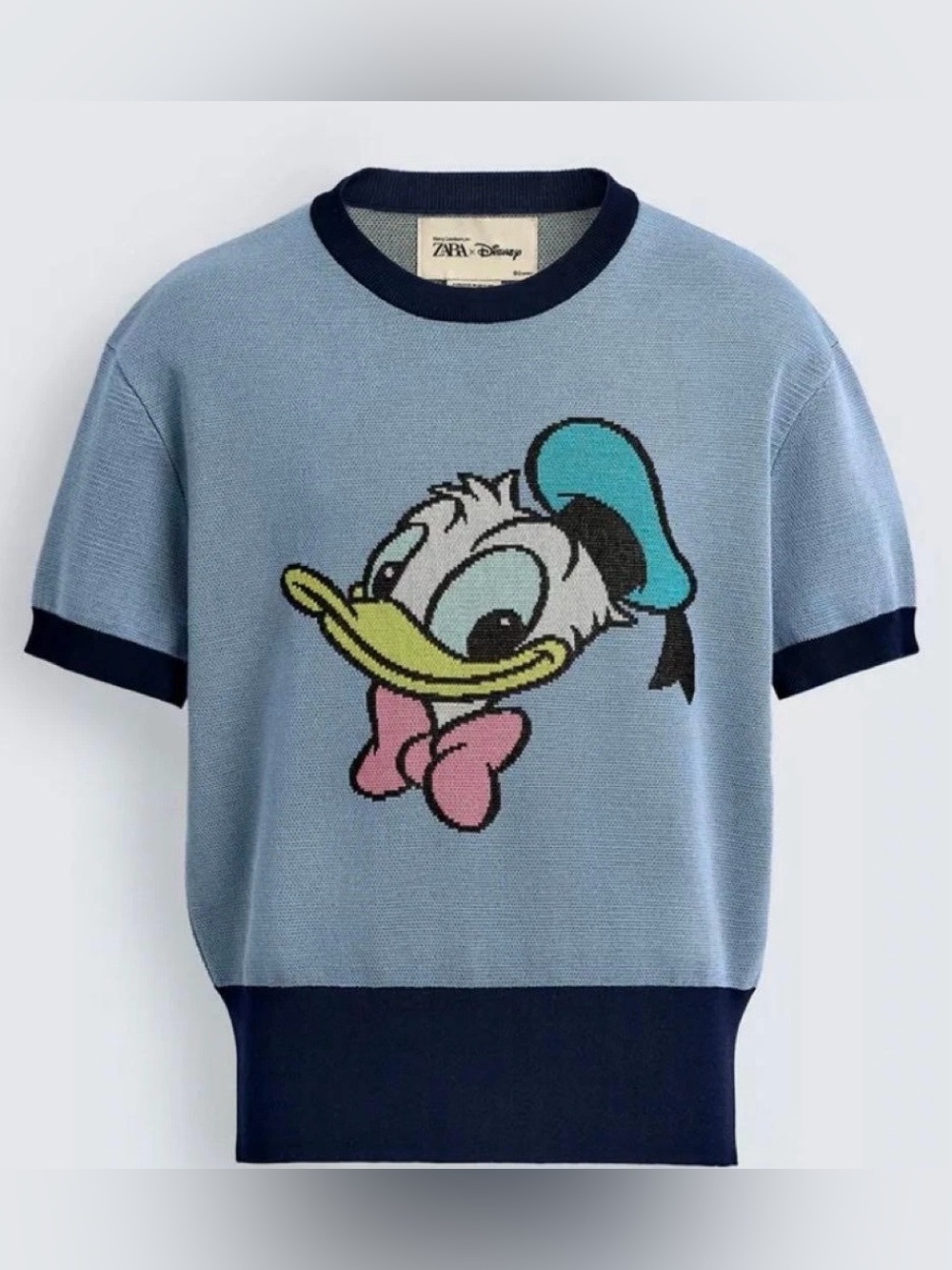 ZARA x Disney Donald Duck Blue Thick Knit T-Shirt M Unisex Cotton Blend